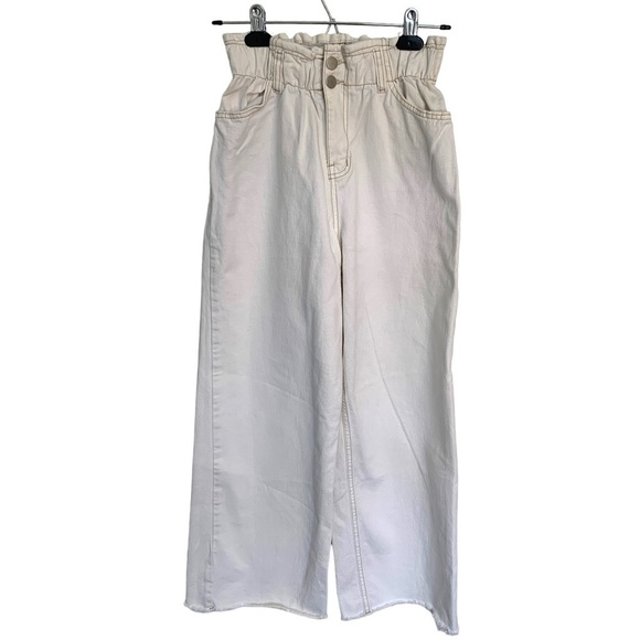 OAK + Fort White High Rise Paper Bag Wide Leg Raw Hem Cropped Denim Women’s Sm - Picture 1 of 9